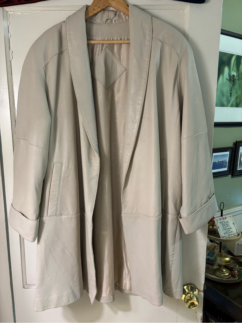 VTG Preston & York Cream Lambskin Leather Coat Trench Jacket XL